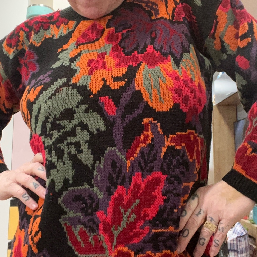 Arielle maximalist Art to wear bold floral knit vintage chunky Sweater-L - Picture 7 of 8